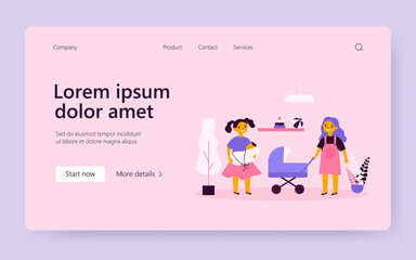 Cheerful girls playing dolls. Role game, acting mom, toy stroller. Flat vector illustration. Childhood, kindergarten, preschool development concept for banner, website design or landing web page