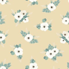 Seamless pattern. Set of bouquets of beautiful spring flowers. White flowers, leaves and branches. Flat isolated vector illustration.