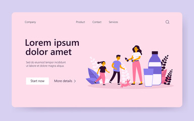 Mom giving bottles of milk to active kids. Useful drink, calcium, natural food. Flat vector illustration. Child care, healthy nutrition concept for banner, website design or landing web page