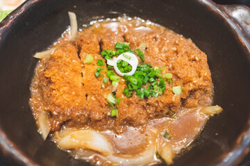 Crispy fried pork or Tonkatsu with miso sauce in the bowl. Japanese food.