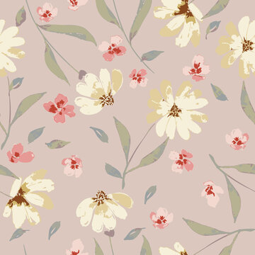 watercolor style beige and pink flowers in peach background seamless pattern print. Great for wedding, stationeries, wrapping paper, floral background, garden, seasonal event projects. Surface pattern