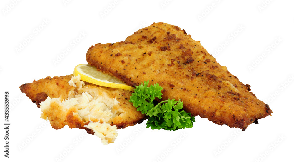 Wall mural fried battered haddock fish fillets isolated on a white background