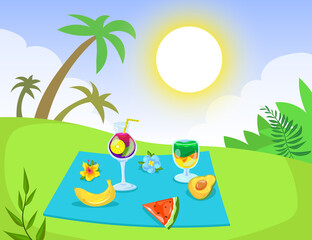 Picnic with fruit and drinks on tropical background illustration. Banana, watermelon, avocado, cocktails and flowers on cloth, palm trees, bright sun, blue sky. Picnic, summer, vacation concept