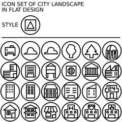 City landscape icon set in flat design with black lines, white fills on a circle of black line and white fill background.