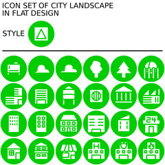 City landscape icon set in flat design with green lines, white fills, on a circle of green line and green fill background.