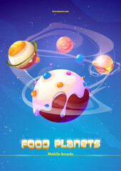 Naklejka premium Mobile arcade food planets adventure game, cartoon poster with egg, burger, salmon fish and ice cream spheres in space. Cosmic funny galaxy world, Vector illustration