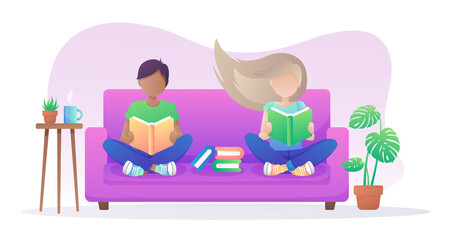 Boy and girl sitting in purple sofa and reading books. Interior with table, plants in a pots and cup of coffee, tea. Vector illustration isolated on white background.