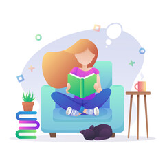 Ginger, redhead girl sitting in blue armchair and reading book. Interior with table, plants in a pots and cup of coffee, tea, and black cat. Vector illustration isolated on white background.