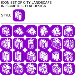 City landscape icon set in isometric flat design with purple lines, white fills, white outline, drop shadow on a round square of purple line and purple fill background.