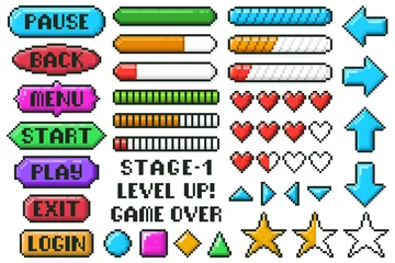 Fotobehang Pixel game menu buttons. Game 8 bit ui controller arrows, level and live bars, menu, stop, play buttons vector illustration set. Gaming menu buttons © WinWin