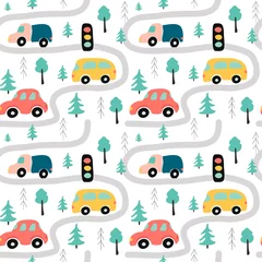  cute vector seamless pattern with childrens drawing - street traffic with cars, road, trees. illustration in flat style for printing on clothing, fabric, wrapping paper © Viktoria