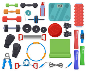 Home fitness equipment. Sport training accessories for home or gym exercise, gymnastic and fitness vector symbols set. Healthy lifestyle equipments