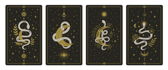 Magical snakes tarot cards. Occult hand drawn tarot cards, esoteric spiritual snakes wisdom symbol cards vector illustration set. Magic snake tarot cards - obrazy, fototapety, plakaty