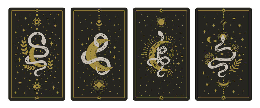 Magical snakes tarot cards. Occult hand drawn tarot cards, esoteric spiritual snakes wisdom symbol cards vector illustration set. Magic snake tarot cards