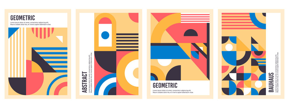 Bauhaus posters. Abstract geometric patterns, circles, triangles and square bauhaus banner vector illustration set. Graphic bauhaus design posters
