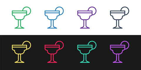 Set line Margarita cocktail glass with lime icon isolated on black and white background. Vector