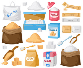 Cartoon sugar. Cube sugar, granulated and crystalline sugar, sugar in canvas bags and carton packages vector illustration set. Sugar cartoon symbols
