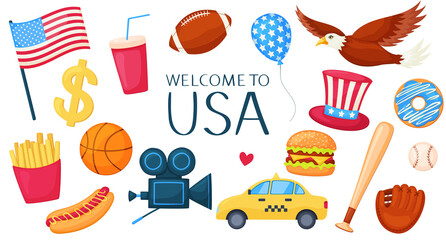 Set of vector illustrations in cartoon style. Isolated on a white background. USA travel traditional symbols and icons. Welcome to USA

