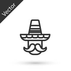 Grey line Mexican man wearing sombrero icon isolated on white background. Hispanic man with a mustache. Vector