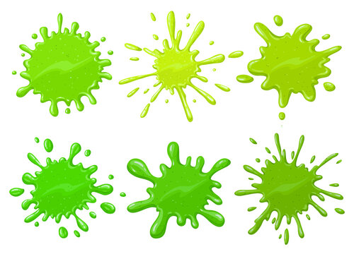 Cartoon green blots. Halloween dripping sticky alien slime splatter isolated vector illustration set. Green sticky slime splatter