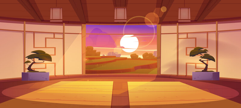 Dojo, traditional japanese room for karate and meditation. Vector cartoon interior of empty dojo with mats, bonsai and landscape of green terraced fields and sunset sky behind window