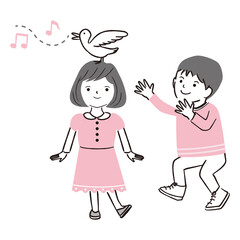 手書き線画カラーイラスト 新1年生 春 走る男の子女の子 桜の下 Wall Mural Yoshidaakiko1223