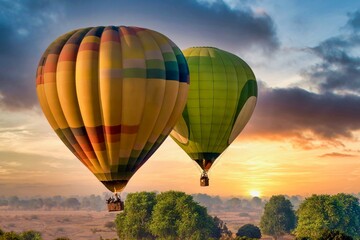 Two colorful hot air balloons filled with tourists float above the landscape at sunrise, part of the annual Pushkar Camel Fair in Rajasthan, India.