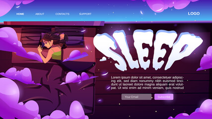 Sleep website with woman naps in bed under blanket. Top view of sleeping girl on mattress with pillows. Vector landing page with cartoon illustration of person rest in bedroom at night