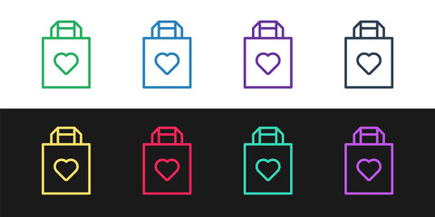 Set line Shopping bag with heart icon isolated on black and white background. Shopping bag shop love like heart icon. Valentines day symbol. Vector