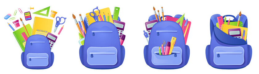 School bag with studying supplies and stationery inside. Backpack with notebook, paints and pen or pencil, ruler, calculator and brush. Back to school concept with student rucksack, Cartoon vector set © klyaksun