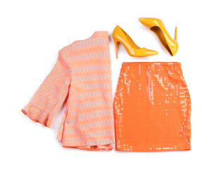 Stylish female blouse, skirt and shoes on white background