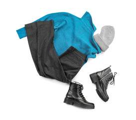 Stylish female clothes on white background