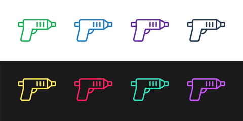 Set line Electric cordless screwdriver icon isolated on black and white background. Electric drill machine. Repair tool. Vector