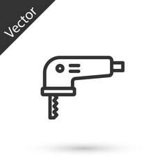Grey line Electric jigsaw with steel sharp blade icon isolated on white background. Power tool for woodwork. Vector