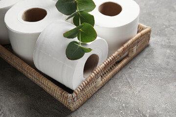 Basket with rolls of toilet paper and eucalyptus branch on grunge background, closeup