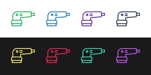 Set line Electric sander icon isolated on black and white background. Orbital sander. For floor and wooden planks sanding sandpaper. Vector