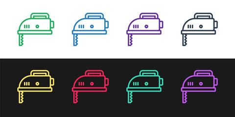 Set line Electric jigsaw with steel sharp blade icon isolated on black and white background. Power tool for woodwork. Vector