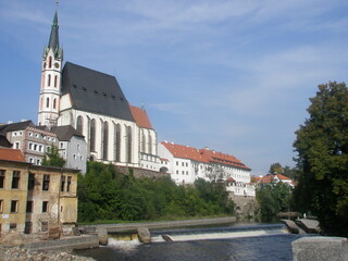Scene in the town of Cesky Krumlov, Southern Bohemia, Czech Republic.