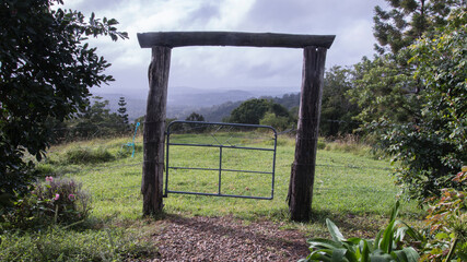 Beautiful Garden Rock Path with Timber Log Archway Looking Out Over Incredible Country Side | Montville Queensland