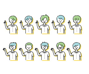 夏の制服を着た様々な男子学生のイラスト（上半身）