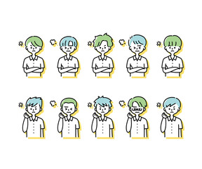 夏の制服を着た様々な男子学生の感情表現イラスト（上半身）