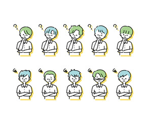 夏の制服を着た様々な男子学生の感情表現イラスト（上半身）