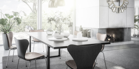 Luxury Villa Interior Design - panoramic black and white 3d visualization