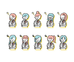 Naklejka premium 夏の制服を着た様々な女子学生の感情表現イラスト（上半身）