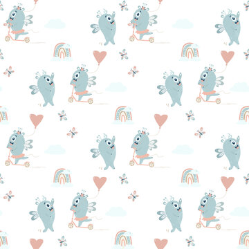 Seamless pattern with cute monsters. A pair of winged blue monsters - a boy and a girl ride a scooter on a white background with a rainbow, clouds and butterflies. Vector. Scandinavian kids collection