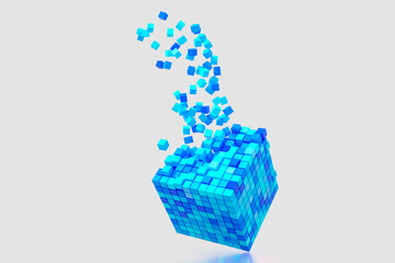 Abstract creative modern blue and white 3D background a three-dimensional cube lying on its side and exploding small cube particles flying out of it. 3d illustration
