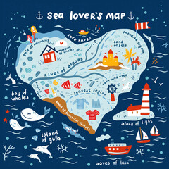 Cartoon vector map of one who is in love with sea, hand drawn decorative ocean background, doodle illustration marine life, sea heart design travel fantasy wallpaper for play kids, nautical sign