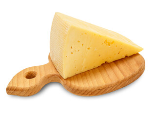 Cheese on wooden cutting board on white background