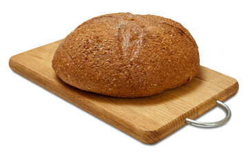 Loaf of bread on wooden cutting board on white background