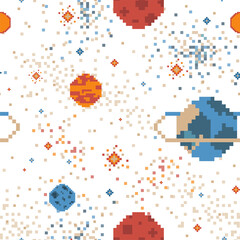 Pixel Art Planets in Space Galaxy Pattern